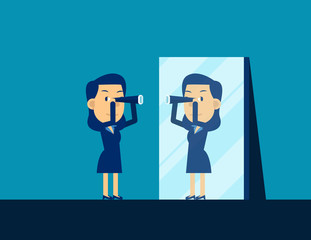 Business person looking telescope and reflecting in mirror. Concept business searching vector illustration, Flat kid business cartoon design. Cute kid character