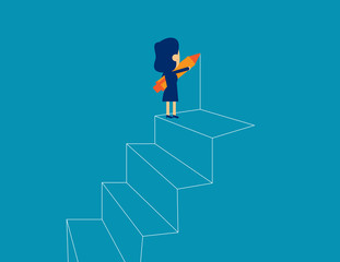 Businesswoman drawing outline of steps. Concept business strategy vector illustration, Kid business, Flat business cartoon design