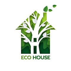 Eco green house, vector paper cut illustration