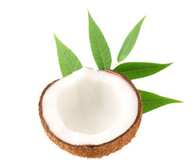 half of coconut with green leaves isolated on white background