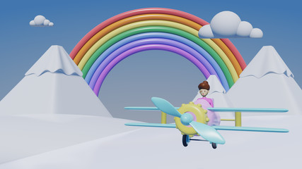 Fototapeta premium airplane with clouds and mountain background , 3d render travel concept