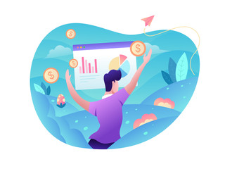 Vector concept illustration - cryptocurrency trading process, people making money. Modern bright banner, site template with place for your text.