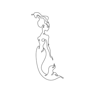 Mermaid Continuous line drawing, single line on a white background,  Vector illustration. 