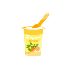 Fototapeta na wymiar Packing yogurt with a teaspoon. Apricot flavor yogurt. Vector illustration.