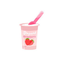 Packing yogurt with a teaspoon. Yogurt with strawberry flavor. Vector illustration.