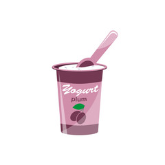 Packing yogurt with a teaspoon. Plum flavored yogurt. Vector illustration.