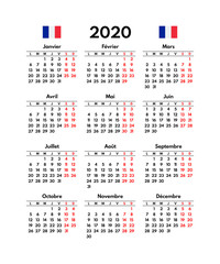 simple 2020 french calendar grid, starts monday, two weekend
