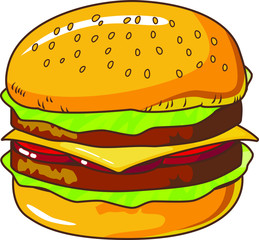 Burger, hamburger hand drawn vector illustration. Cartoon style. Isolated on white background. Design for banner, poster, menu, cafe, bar