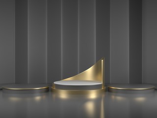 3D rendering black podium geometry with gold elements. Abstract geometric shape blank podium. Minimal scene square step floor abstract composition