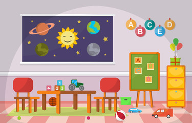 Fototapeta na wymiar Kindergarten Classroom Interior Children Kids School Toys Furniture Vector Illustration