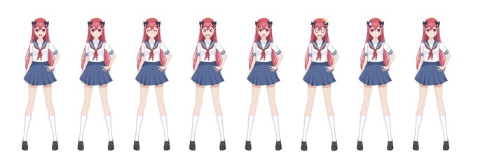 Anime manga schoolgirl in sailor suit, blue skirt