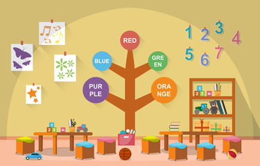 Kindergarten Classroom Interior Children Kids School Toys Furniture Vector Illustration