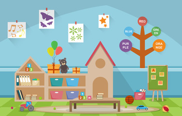 Kindergarten Classroom Interior Children Kids School Toys Furniture Vector Illustration
