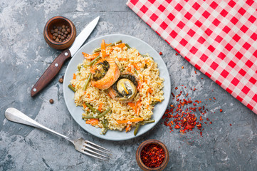 Rice with seafood and vegetables