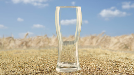 Fototapeta na wymiar Beer concept, an empty beer glass stands on beer raw materials - malt, in the background a blue sky and a field