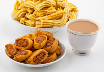 Indian Traditional Spicy Snack Ghatiya With Bhakarwadi Also Know as Ganthiya, Papdi, Gathiya, Bakarwadi, Bakarvadi, Bakar Vadi or Bakar Wadi Are Deep Fried Snack Made From Chickpea Flour