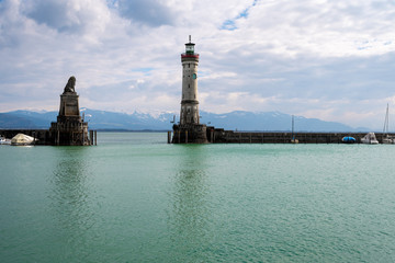 New lighthouse in Lindau with the bavarian lion at lake Constance, entry of harbour