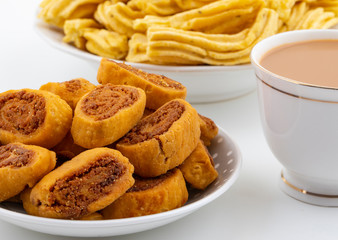 Indian Traditional Spicy Snack Ghatiya With Bhakarwadi Also Know as Ganthiya, Papdi, Gathiya, Bakarwadi, Bakarvadi, Bakar Vadi or Bakar Wadi Are Deep Fried Snack Made From Chickpea Flour