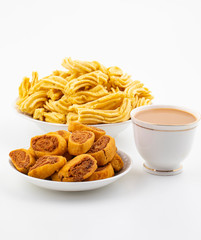 Indian Traditional Spicy Snack Ghatiya With Bhakarwadi Also Know as Ganthiya, Papdi, Gathiya, Bakarwadi, Bakarvadi, Bakar Vadi or Bakar Wadi Are Deep Fried Snack Made From Chickpea Flour