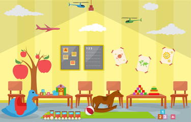 Kindergarten Classroom Interior Children Kids School Toys Furniture Vector Illustration