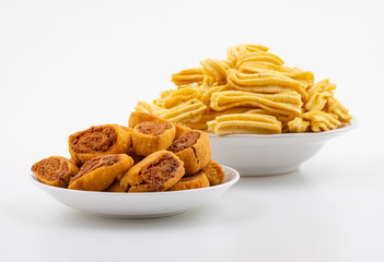 Indian Traditional Spicy Snack Ghatiya With Bhakarwadi Also Know as Ganthiya, Papdi, Gathiya, Bakarwadi, Bakarvadi, Bakar Vadi or Bakar Wadi Are Deep Fried Snack Made From Chickpea Flour.