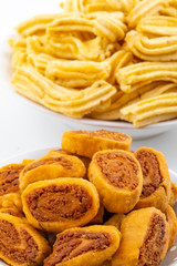 Indian Traditional Spicy Snack Ghatiya With Bhakarwadi Also Know as Ganthiya, Papdi, Gathiya, Bakarwadi, Bakarvadi, Bakar Vadi or Bakar Wadi Are Deep Fried Snack Made From Chickpea Flour.