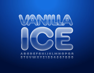 Fototapeta premium Vector shiny banner Vanilla Ice with Uppercase Glass Font. Transparent Alphabet Letters and Numbers