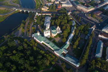 Aerial view of the old Transfiguration Monastery on the early July morning (aerial photography). Yaroslavl, Golden Ring of Russia