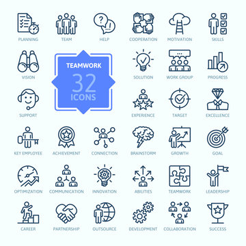 Business teamwork, team building, work group and human resources minimal thin line  web icon set. Outline icons collection. Simple vector illustration.