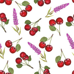 Watercolor summer drawn print. Fabric design, textile pattern. Wrapping paper, gift wrapping.  Red cherries, watercolor, cherry branch. Square Pattern.
