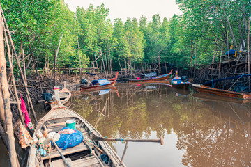 Fototapeta na wymiar Fishing boats in sea and mangrove forest of Thailand