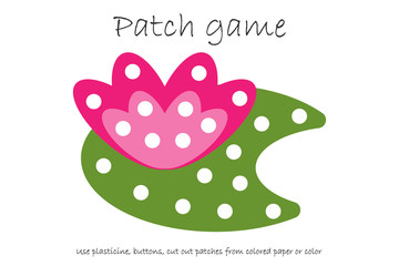 Education Patch game water lily for children to develop motor skills, use plasticine patches, buttons, colored paper or color the page, kid preschool activity, printable worksheet, vector illustration