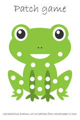 Education Patch game frog for children to develop motor skills, use plasticine patches, buttons, colored paper or color the page, kids preschool activity, printable worksheet, vector illustration