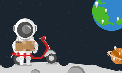 Flat design, Astronaut carry delivery box standing on the moon with red motorcycle, Vector illustration, Infographic Element