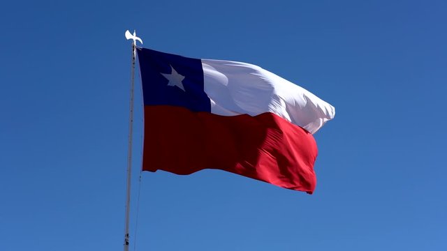 Chilean Flag Flies In Light Breeze Facing Right.