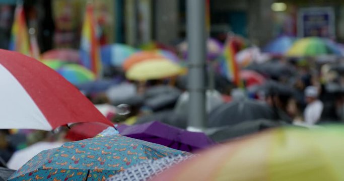 Close Up Of Umbrellas And Bubbles On British Streets In Pride Parade In Nottingham In Slow Motion