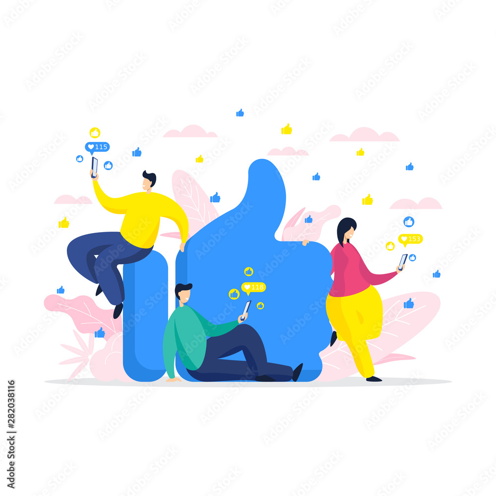 Poster social media composition concept. vector characters with smartphone get many notifications with like