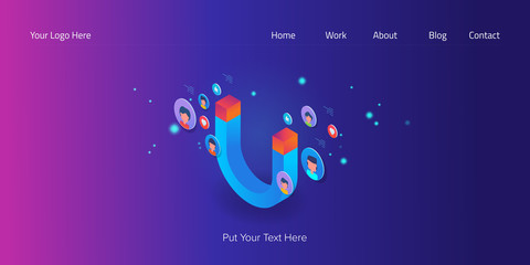 Isometric viral content, inbound marketing campaign, attracting social media audience, web banner template.