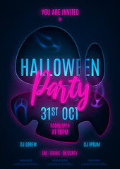 Halloween party poster template. Invitation to night club with neon text. Halloween greeting card. Vector illustration with transparent ghosts.