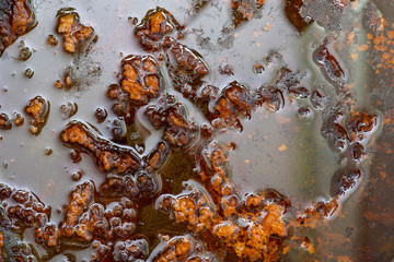 Close-up Part of dirty Pan with Fat and burnt Food as Background or Texture