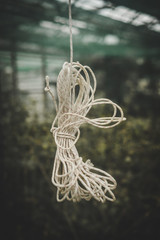 coiled rope hanging behind glass, background, selective focus, film and grain photo