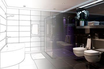 3d illustration. Sketch of modern  black bathroom interior
