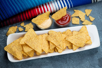 Plate of nachos chips with dips and mexican poncho in the background, studio shot, elevated view