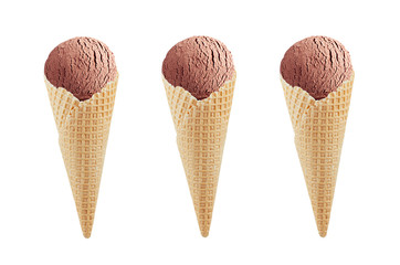 Set of three chocolate ice cream in crisp waffle cones isolated on white background, mock up for design.