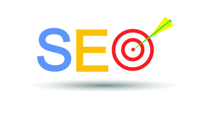 Flat design modern banner vector illustration SEO, Search Engine Optimization ranking concept,  the multicolour logo with target and arrow on white background.