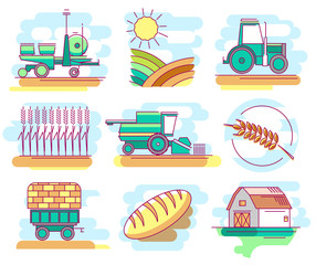 Modern linear pictogram of farming and growing grain. Icons of farming and growing grain. Tractor. Combine harvester. Bread. Perfect for website, mobile apps, catalogue, booklet, promotional products