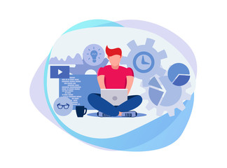 Software development. Programming. Software engineer. The guy is working on a laptop. Flat illustration of a man who sits in the lotus position and works behind a laptop while working out a program