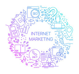 Modern linear concept of internet marketing in circle with thin line icons. Internet marketing. SEO. Set of line icons internet marketing and new market trends analysis, for graphic and web design