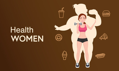 Vector woman slim fit, not fat from junk food