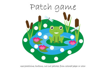 Education Patch game pond for children to develop motor skills, use plasticine patches, buttons, colored paper or color the page, kids preschool activity, printable worksheet, vector illustration